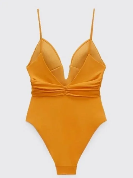 ZARA BRIGHT YELLOW/ORANGE RUCHED SWIMSUIT - Picture 2 of 6